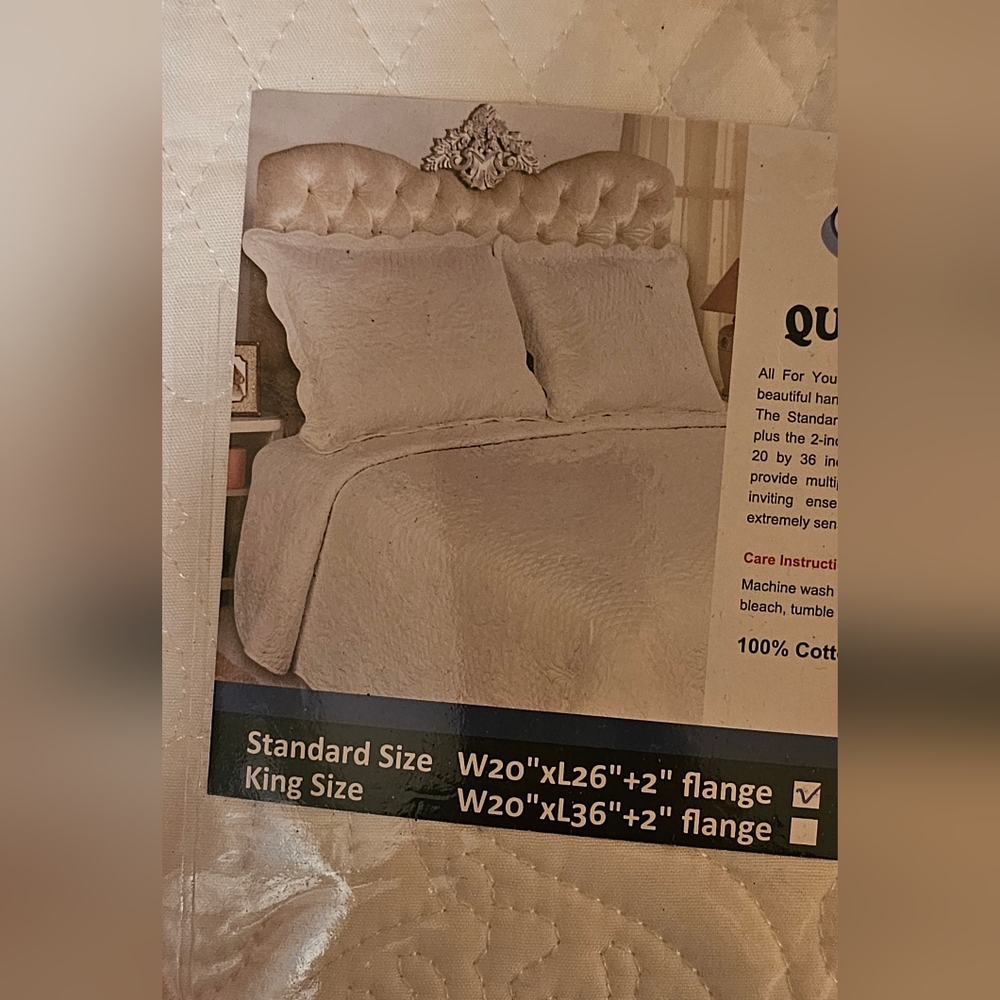 All for You brand White Cotton Quilted  Pillow Sham NIP